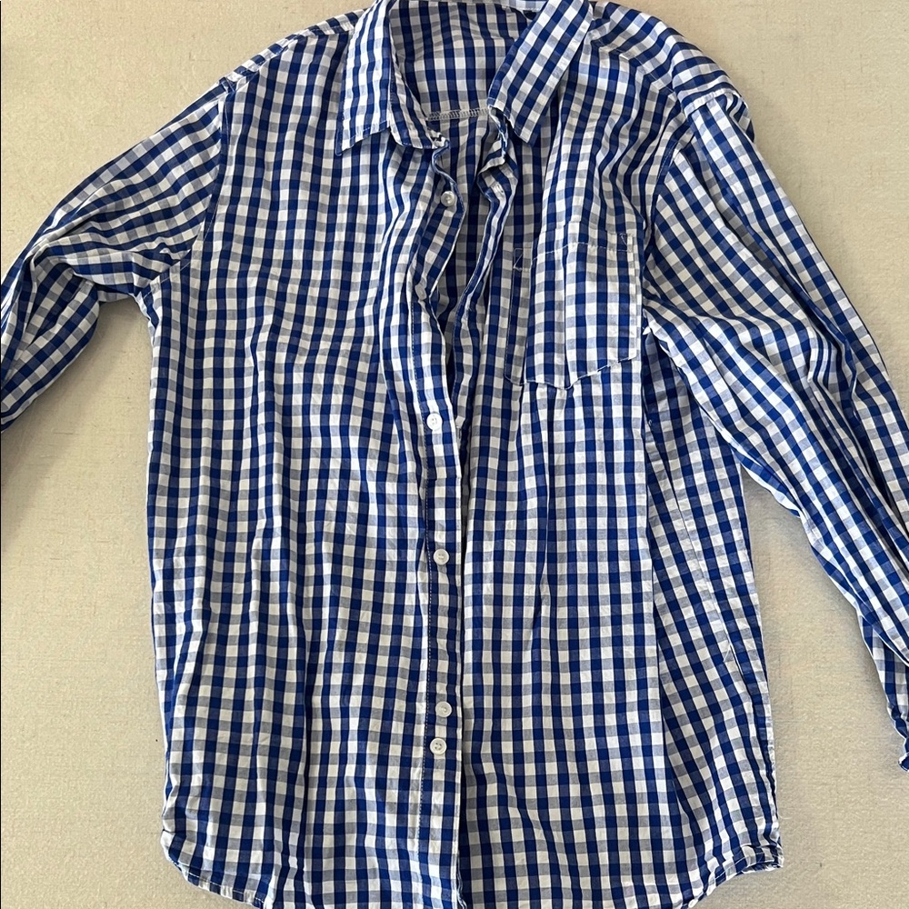 Blue and White Gingham Button-Up Shirt